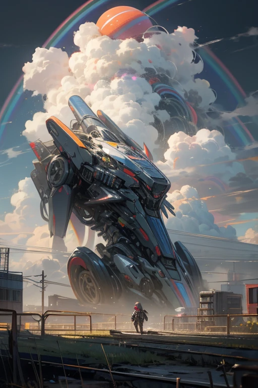 anime style, super fine illustration, highly detailed, dynamic angle, beautiful detailed, 8k, Rainbow over the meadow under the clowly on a battle day. BREAK Cute anthropomorphic Robot is sadly walking, under the rainbow. BREAK Robot in colorful harmonize with the rainbow, creating a beautiful scene.Break dystopia,Disillusioned,City,Landscape painting,Break MECA,droid,human_no,