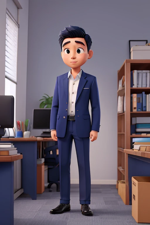 Asian man, navy blue office coat, white shirt, navy blue office pants, feeling embarrassed