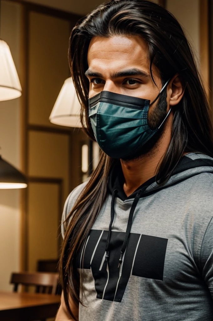 A man who has long hair who always wears a mask and wears a t-shirt, that he is muscular and that he is eating in the dining room, let the hood be lead, make the face mask black,