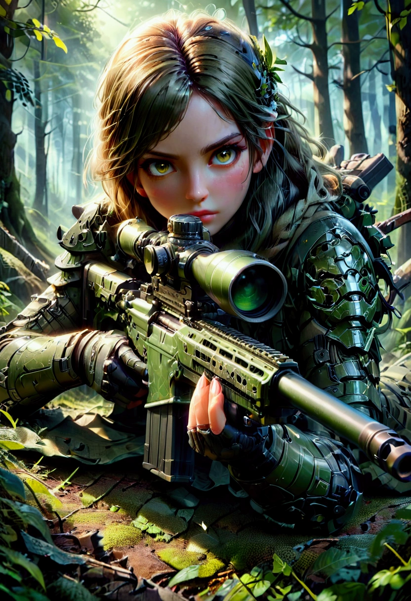 1girl, Sniper, A highly detailed, portrait of a skilled sniper in a camouflage uniform, lying prone with a high-powered sniper rifle, focused intently through the scope, surrounded by lush foliage in a forest environment, dramatic lighting, cinematic composition, hyper-detailed textures, muted color palette, gritty, masterpiece, best quality, very aesthetic, absurdres