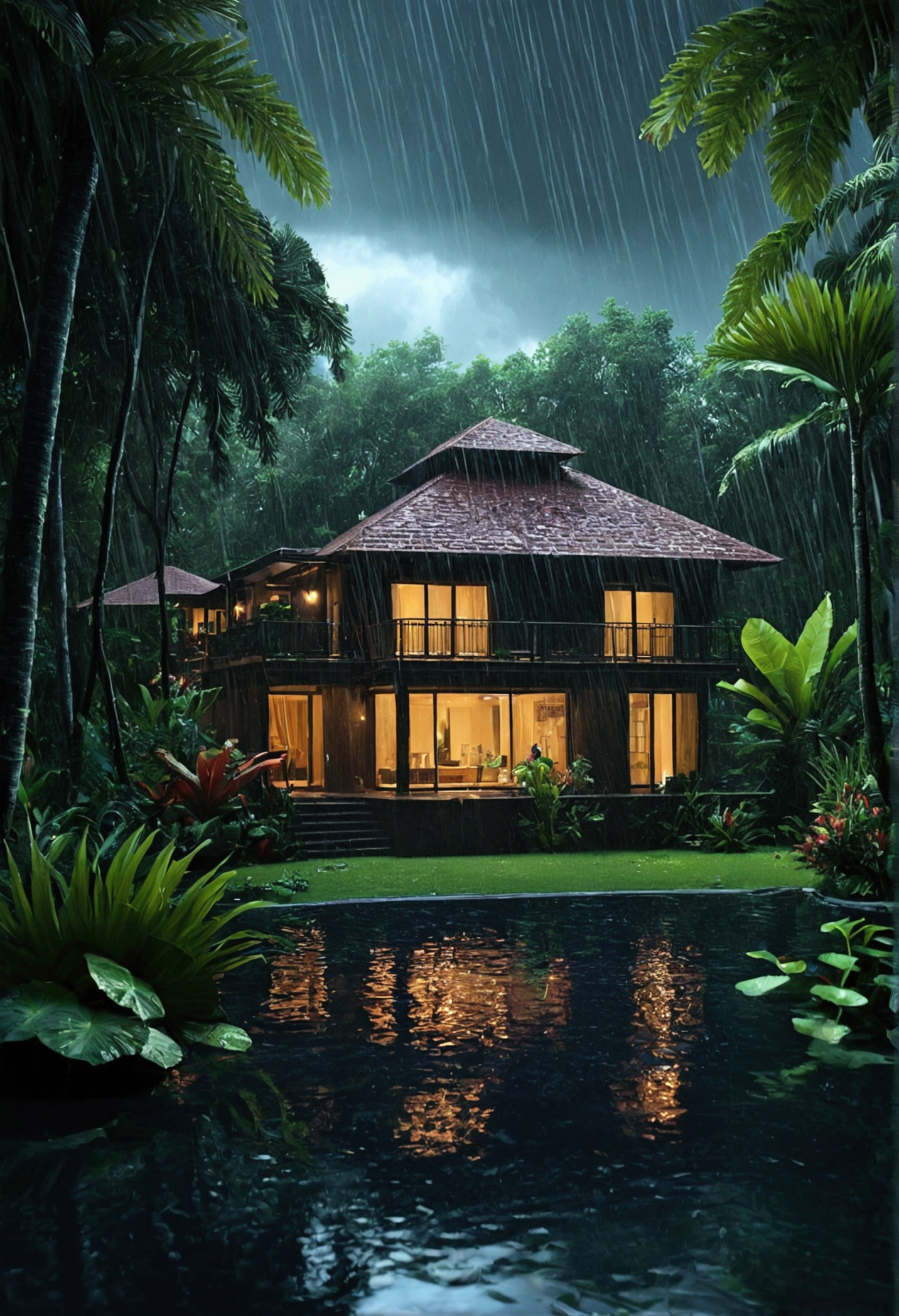 villa- nature- dark- lake- magical- realistic-raining-tropical nature