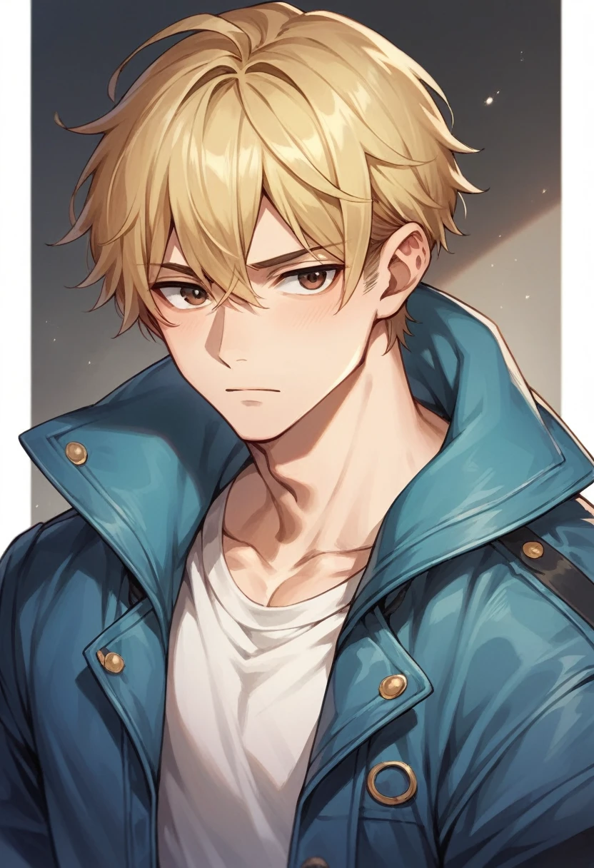 Anime boy with brown eyes and slightly long blonde hair and blue jacket 