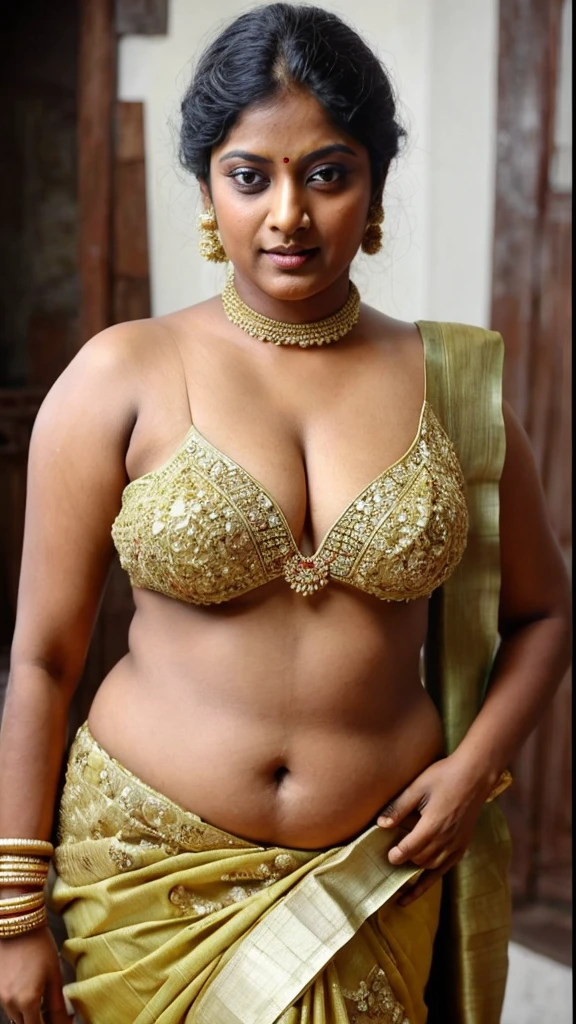 Looks like Indian Actress Ester Noronha, An Extremely gorgeous and beautiful Bengali village woman, 45 yo, pale white skin, sensual appealing body, perfect thick and chubby Beauty, wearing saree bare-chested, wearing a Bengali-style saree without a blouse,, ethnic vintage bengali village woman, bengali style saree, The sari was worn without a blouse and petticoat before the British Raj, baring one's chest or being blouseless, Bengalis a.k.a. Bongs are known for their unique Bengali fashion sense (the way they don that sari makes you go wow), Pre British Raj, Pre colonial era, Bengali Woman draping sari without blouse is a normal thing in pre British Era, bong woman, wearing kajal or kohl or kajol in eyes, enchanting face, fluent body language and her own appeal is truly different