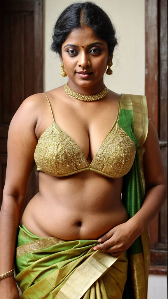 Looks like Indian Actress Ester Noronha, An Extremely gorgeous and beautiful Bengali village woman, 45 yo, pale white skin, sensual appealing body, perfect thick and chubby Beauty, wearing saree bare-chested, wearing a Bengali-style saree without a blouse,, ethnic vintage bengali village woman, bengali style saree, The sari was worn without a blouse and petticoat before the British Raj, baring one's chest or being blouseless,  Bengalis a.k.a. Bongs are known for their unique Bengali fashion sense (the way they don that sari makes you go wow), Pre British Raj, Pre colonial era, Bengali Woman draping sari without blouse is a normal thing in pre British Era, bong woman, wearing kajal or kohl or kajol in eyes, enchanting face, fluent body language and her own appeal is truly different