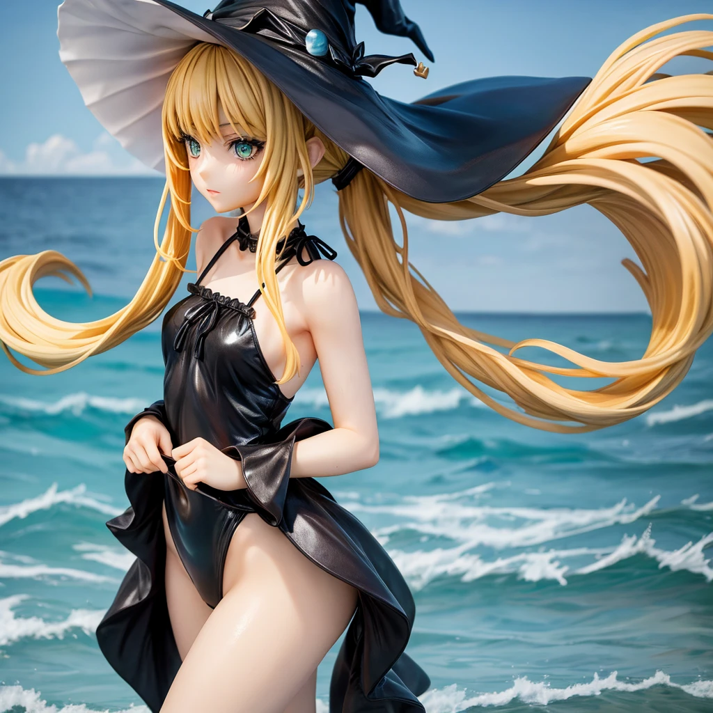 very slender. Long, blonde hair. She has green eyes. pigtails tied wearing a large witch hat. Wearing a black swimsuit, wet clothes, beach background, 