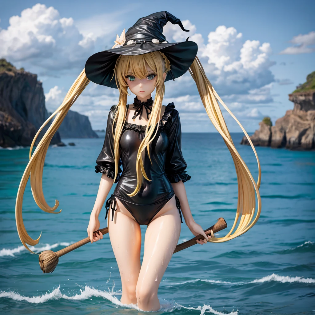 very slender. Long, blonde hair. She has green eyes. pigtails tied wearing a large witch hat. Wearing a black swimsuit, wet clothes, beach background, 