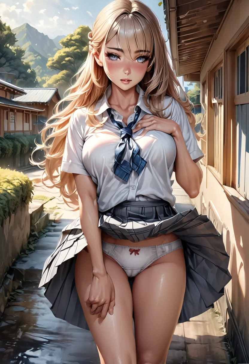 (masterpiece:1.2, top-quality), (realistic, photorealistic:1.4), beautiful illustration, 
looking at viewer, full body, front view:0.6, 
1 girl, japanese, high school girl, (long hair:1.5), blown hair, (half up, half updo), bangs, hair between eye, large breasts:0.8, 
beautiful hair, beautiful face, beautiful detailed eyes, beautiful clavicle, beautiful body, beautiful chest, beautiful thigh, beautiful legs, beautiful fingers, 
(beautiful scenery), , school,
((collared short sleeve shirt, white shirt, , grey plaid pleated skirt, blue plaid bow tie)), white panties, 
(standing, , lift up skirt, grab the hem of the skirt, hands on chest, hand between legs), 
blush, ,