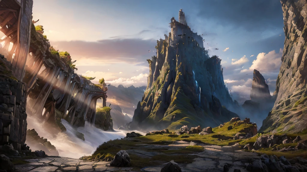 wide angle, panoramic view, a detailed fantasy landscape, enchanted forests, majestic mountains, inspired by tolkien, in the style of john howe, ruins, ruined fortress, best quality, 4k, 8k, highres, masterpiece:1.2, ultra-detailed, realistic, photorealistic, photo-realistic:1.37, hdr, uhd, studio lighting, ultra-fine painting, sharp focus, physically-based rendering, extreme detail description, professional, vivid colors, bokeh, cinematic