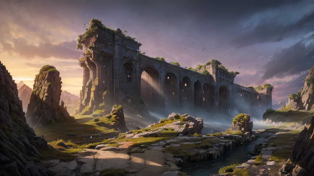 wide angle, panoramic view, a detailed fantasy landscape, enchanted forests, majestic mountains, inspired by tolkien, in the style of john howe, ruins, ruined fortress, best quality, 4k, 8k, highres, masterpiece:1.2, ultra-detailed, realistic, photorealistic, photo-realistic:1.37, hdr, uhd, studio lighting, ultra-fine painting, sharp focus, physically-based rendering, extreme detail description, professional, vivid colors, bokeh, cinematic