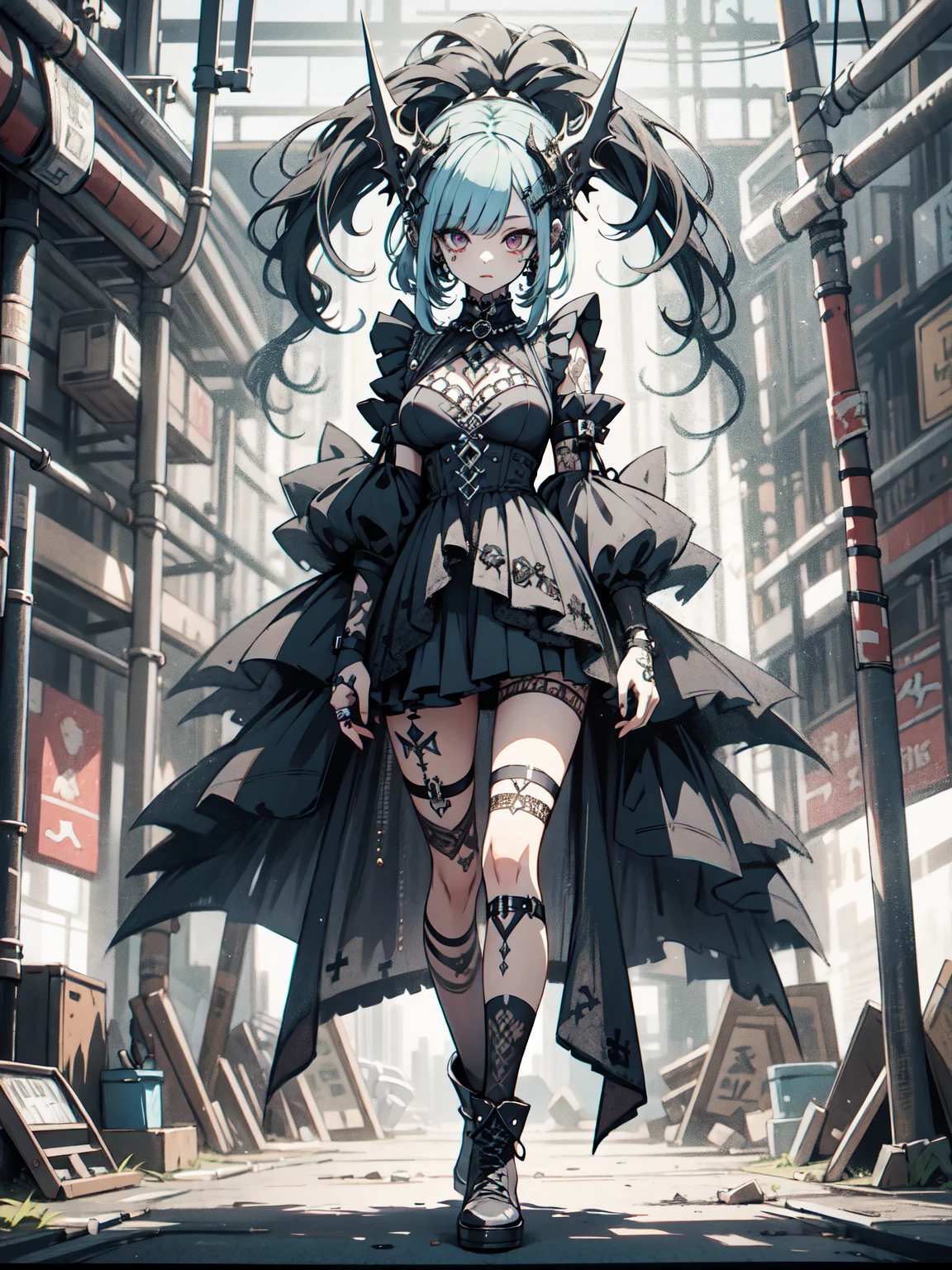 masterpiece, 8k, best quality, extremely detailed, ultra-detailed face, detailed eyes, hires, piercings, Ring, tattoo, goth punk, beautiful attractive girl, Full body, jewelry, clothes with attention to detail, boots with attention to detail, Perfectly proportioned, Big breasts, detailed hair, long hair, Gothic Room, maid