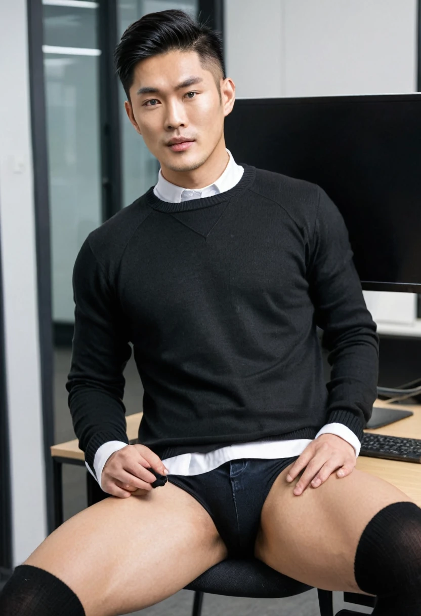 man, Asian, handsome, wearing plain black sweater, in office, naked, masturbating, handsome, usando sheers socks