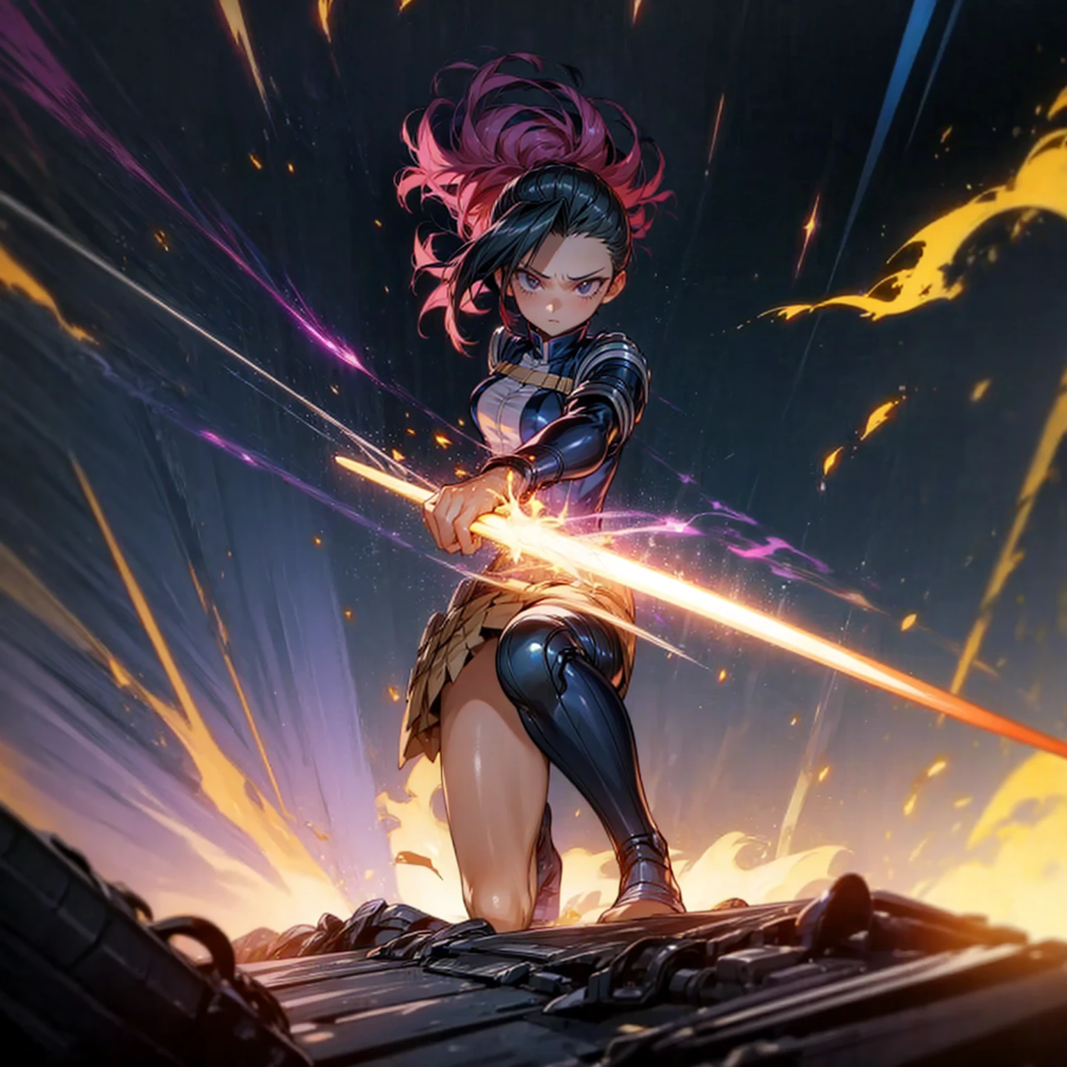 1girl, Full body version, 1character, black eyes, short Curly haircut, magenta color hair, army style clothing, blue colour clothing, full armor, boots army, Grassroots, background in field, motion blur, (kimetsu no yaiba style), Robotic sword in hand, fire, lighting fire, Blue light, silhouette, blue lightning, smoke, aura, smoke effect, aura effect, fire effect, angry eyes, standing gesture, high angle view