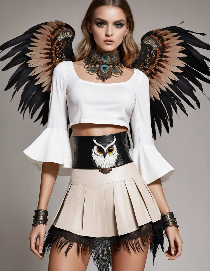 Top: White blouse with embroidered details in the shape of owl feathers in brown and gray tones. The blouse has wide sleeves that taper at the cuffs, imitating the wings of an owl.
Tight black leather corset, with metal buckles and tribal embroidery on the front. The sides of the corset have crossed laces that adjust to give it a gothic touch. Skirt: Long, fluid skirt in earth tones, with layers of tulle and lace that move gently, giving an ethereal appearance. The skirt has embroidery in the shape of feathers and owl eyes..
Tulle skirt in several layers, combining black and red tones to give it volume and movement. The skirt has lace details and indigenous embroidery on the edges. Asymmetrical, shorter in the front and longer in the back.
under the skirt, She wears tight black leather shorts with stud details and tribal embroidery on the sides.
The black veiled media.
Wide black leather belt with a large buckle decorated with indigenous motifs and metal details. Leather strips hanging with small beads and feathers.
layer: layer de terciopelo en tonos marrones oscuros, with feather edges and lace details.
touched: Headband with owl feathers and small glass eyes that shine in the light.
necklaces and bracelets: Necklaces with owl-shaped pendants and leather bracelets with feather engravings Shoes: Brown leather boots with feather details and owl eye embroidery.
Eyes: Eye shadows in earth tones with a dramatic liner that imitates the big eyes of the owl.
lips: lips en un tono nude.
feathers: feathers de lechuza cosidas en la capa y el tocado.
embroidery: Embroidered feather and owl eye details on blouse and skirt.
Leather and metal bracelets, with indigenous bead and feather details.
Long necklaces of colorful beads and stone and feather pendants.
Large silver rings with tribal engravings and semi-precious stones.
