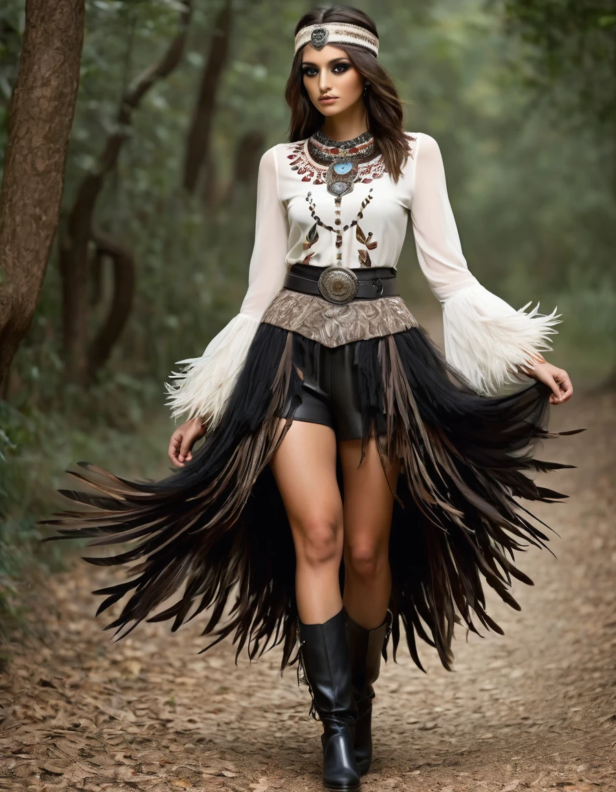 Top: White blouse with embroidered details in the shape of owl feathers in brown and gray tones. The blouse has wide sleeves that taper at the cuffs, imitating the wings of an owl.
Tight black leather corset, with metal buckles and tribal embroidery on the front. The sides of the corset have crossed laces that adjust to give it a gothic touch. Skirt: Long, fluid skirt in earth tones, with layers of tulle and lace that move gently, giving an ethereal appearance. The skirt has embroidery in the shape of feathers and owl eyes..
Tulle skirt in several layers, combining black and red tones to give it volume and movement. The skirt has lace details and indigenous embroidery on the edges. Asymmetrical, shorter in the front and longer in the back.
under the skirt, She wears tight black leather shorts with stud details and tribal embroidery on the sides.
The black veiled media.
Wide black leather belt with a large buckle decorated with indigenous motifs and metal details. Leather strips hanging with small beads and feathers.
layer: layer de terciopelo en tonos marrones oscuros, with feather edges and lace details.
touched: Headband with owl feathers and small glass eyes that shine in the light.
necklaces and bracelets: Necklaces with owl-shaped pendants and leather bracelets with feather engravings Shoes: Brown leather boots with feather details and owl eye embroidery.
Eyes: Eye shadows in earth tones with a dramatic liner that imitates the big eyes of the owl.
lips: lips en un tono nude.
feathers: feathers de lechuza cosidas en la capa y el tocado.
embroidery: Embroidered feather and owl eye details on blouse and skirt.
Leather and metal bracelets, with indigenous bead and feather details.
Long necklaces of colorful beads and stone and feather pendants.
Large silver rings with tribal engravings and semi-precious stones.