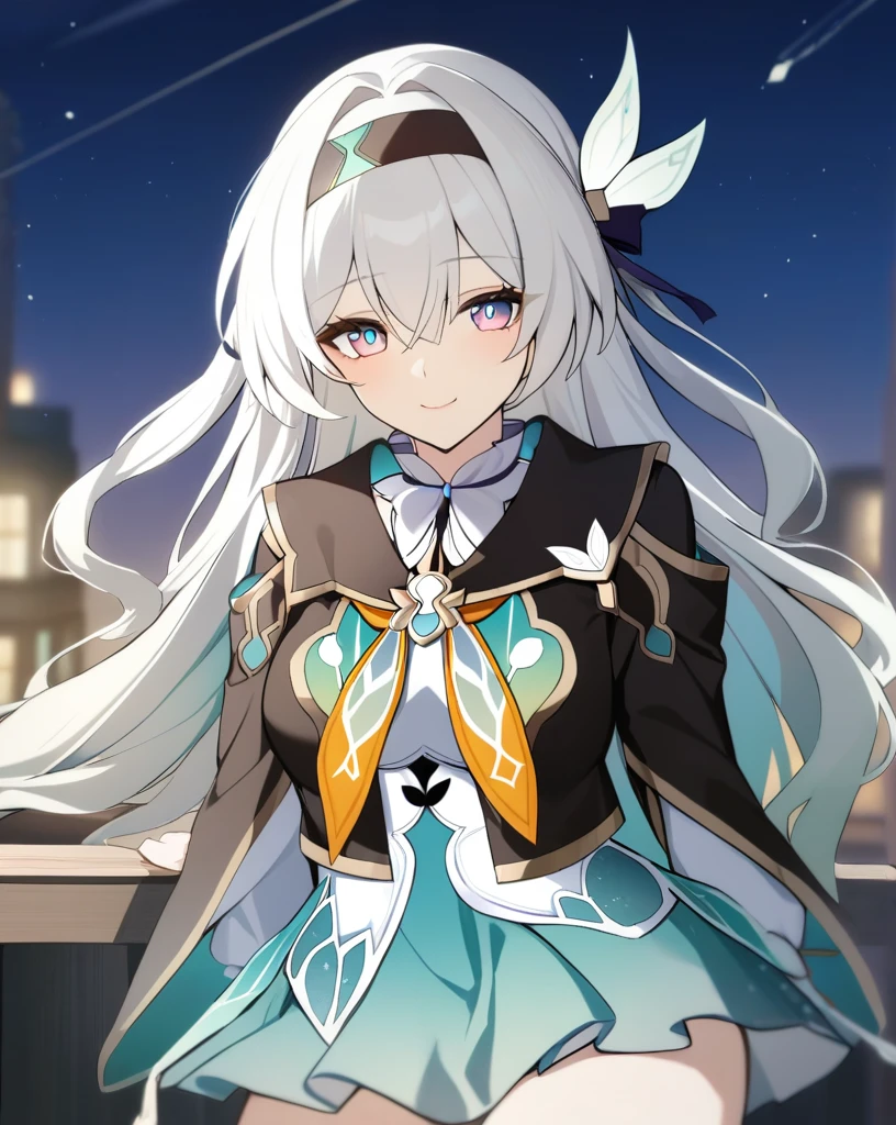 masterpiece,best quality,firefly \(honkai: star rail\), 1girl, solo, sky, star_\(sky\), looking_at_viewer, smile, long_hair, starry_sky, blue_eyes, bangs, night, hairband, night_sky, closed_mouth, white_hair, long_sleeves, black_hairband, wing_hair_ornament, hair_ornament, dress, hair_between_eyes