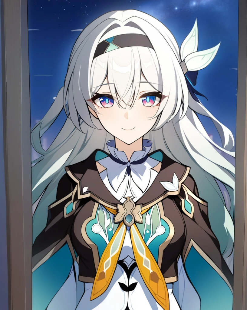 masterpiece,best quality,firefly \(honkai: star rail\), 1girl, solo, sky, star_\(sky\), looking_at_viewer, smile, long_hair, starry_sky, blue_eyes, bangs, night, hairband, night_sky, closed_mouth, white_hair, long_sleeves, black_hairband, wing_hair_ornament, hair_ornament, dress, hair_between_eyes