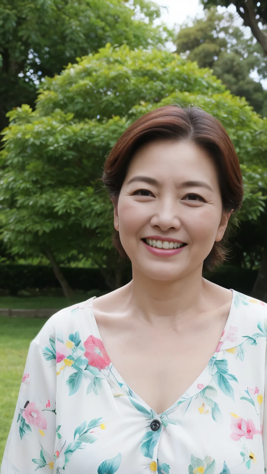 , Standing in the park, Wrinkles around the eyes, Smiling with teeth showing, Japanese painting, senior citizen, Draw lips correctly, Red lipstick, No discomfort, 16K, Highest quality, Very detailed, Realistic, Very detailed肌, (Japanese), (alone), 100 years old, Large Breasts, , Glamour, sexy, Chromo White Skin, Staring straight ahead,