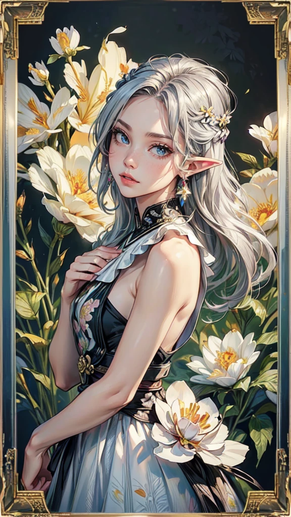 8K,high quality,anime,married woman,fair skinned,beautiful,small face,clean,bright,eye highlights,beautiful line drawing. Black hair, white skin, brown eyes, flashy black dress, sleeveless outfit, hands raised, armpits showing,Both arms raised, both armpits showing, described from head to waist,(masterpiece, top-quality, top-quality, Official art, Beautifully Aesthetic:1.2), red eyes, (highest quality, masterpiece painting:1.3), immature woman, 16 years old, (half body shot), masterpiece, ultra high resolution, (((Flower frame, A lot of flowers in the frame, round frame, A beautiful girl fits into the frame))), Decorative panel, abstract art, (shot from a side angle), (Photoreal:1.0), ((light silver hair)),straight hair, beautiful shining hair, white and shining skin, Painterly, sketch, Texture, 超A high resolution, solo, Beautuful Women, A highly detailed, (Fractal Art:1.1), (colourfull:1.1), (florals:1.6), The most detailed, (Zentangle:1.2), (Dynamic Poses), (Abstract background:1.3), (shinny skin), (Many colors:0.8), (earrings:1.4), (pluma:0.9), Taisho romance,detailed eyes, detaield hands, detailed face, elf woman, full body
