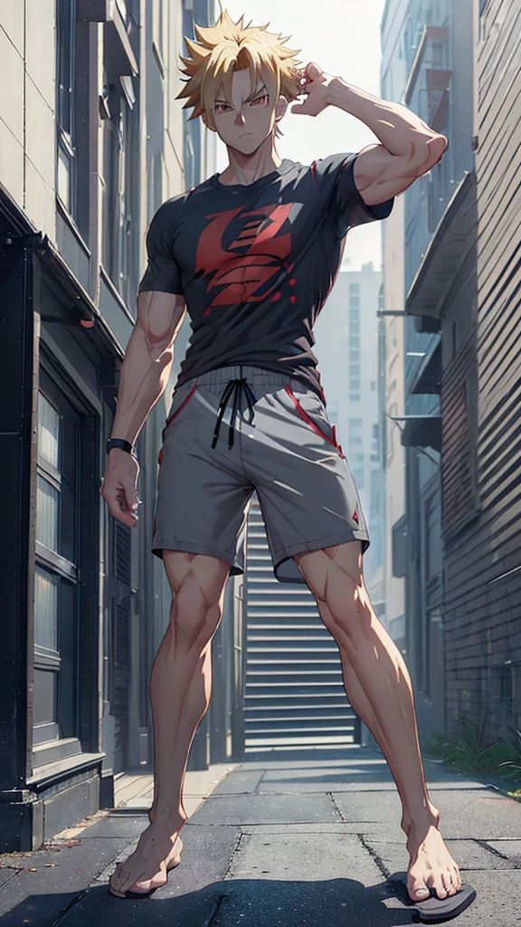 Create a hyperrealistic, photorealistic, 4K anime male (super sayian blonde hair), (red eyes), his character, mature, ((grey shirt with dark grey shorts)), completing his sleek and formidable appearance. ((full body shot head to toe in camera front-facing)) ((front-facing)) 1:1 shot ((no shoes)) ((detailed)) (flat perspective) ((slimmer)) ((his arms by his slide)) ((teenager)) (skinny) ((starving))