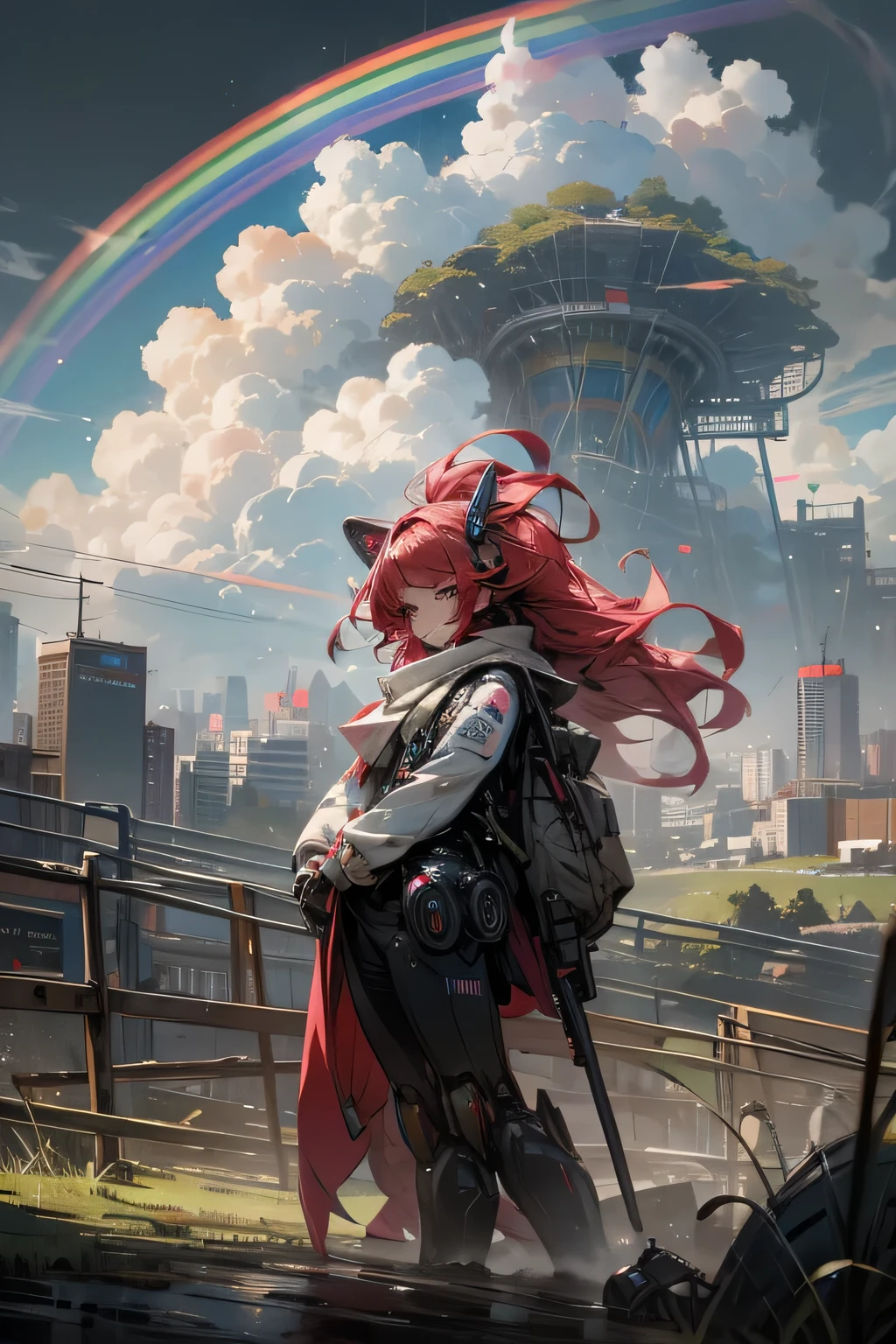 anime style, super fine illustration, highly detailed, dynamic angle, beautiful detailed, 8k, Rainbow over the meadow under the clowly on a battle day. BREAK Cute anthropomorphic Robot is sadly walking, under the rainbow. BREAK Robot in colorful harmonize with the rainbow, creating a beautiful scene.Break dystopia,Disillusioned,City,Landscape painting,Break MECA,droid,human_no,