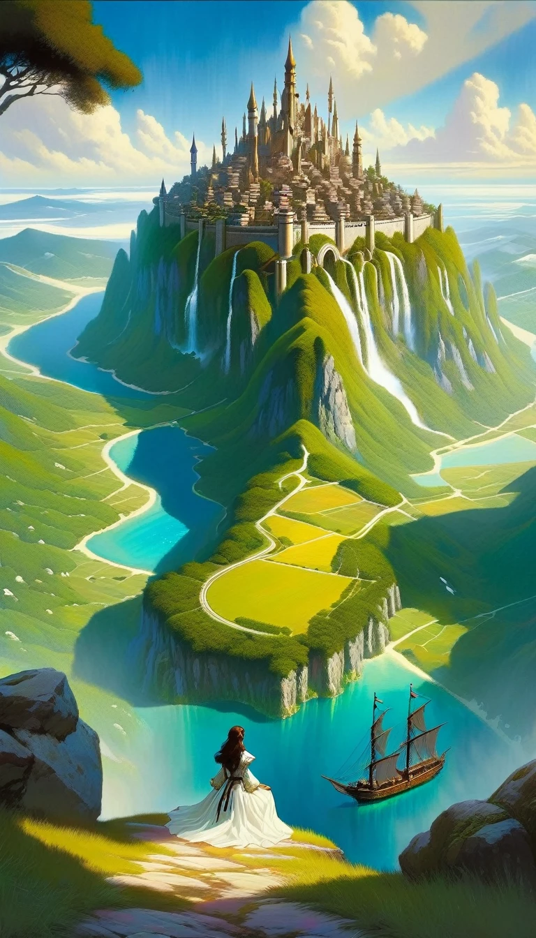 This image depicts a beautiful fantasy world scene. It is daytime or early afternoon, and the atmosphere is quiet and grandiose. In the foreground, there is a female character sitting with her back to the viewer. She has long braided brown hair and is wearing an intricately patterned blue and white outfit. She also has armor on one arm, giving her the appearance of an adventurer or warrior. In the background, we see a magnificent city built on a steep mountain or island. The city’s architecture is reminiscent of the Middle Ages and the Renaissance, characterized by tall spires and dense buildings. At the top of the city, there are castle- and palace-like buildings soaring above the rest. Below the city, there are lush green fields and small buildings scattered about, which may be farms or villages. The landscape is lush and green with trees surrounding the settlements. Several ships are anchored at the foot of the mountains and islands, suggesting that the city is an important port town. The sky is clear blue with very few clouds, indicating that it is daytime or early afternoon. The overall atmosphere is quiet and grandiose, suggesting stories of adventure, exploration, or political intrigue in this fantasy world.(art inspired by Bill Sienkiewicz). oil painting)
