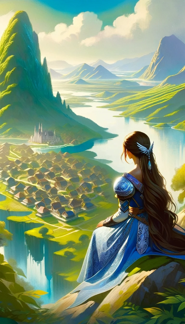 This image depicts a beautiful fantasy world scene. It is daytime or early afternoon, and the atmosphere is quiet and grandiose. In the foreground, there is a female character sitting with her back to the viewer. She has long braided brown hair and is wearing an intricately patterned blue and white outfit. She also has armor on one arm, giving her the appearance of an adventurer or warrior. In the background, we see a magnificent city built on a steep mountain or island. The city’s architecture is reminiscent of the Middle Ages and the Renaissance, characterized by tall spires and dense buildings. At the top of the city, there are castle- and palace-like buildings soaring above the rest. Below the city, there are lush green fields and small buildings scattered about, which may be farms or villages. The landscape is lush and green with trees surrounding the settlements. Several ships are anchored at the foot of the mountains and islands, suggesting that the city is an important port town. The sky is clear blue with very few clouds, indicating that it is daytime or early afternoon. The overall atmosphere is quiet and grandiose, suggesting stories of adventure, exploration, or political intrigue in this fantasy world.(art inspired by Bill Sienkiewicz). oil painting)