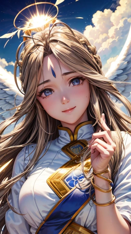 Belldandy, Long Hair, blue eyes, Brown Hair, Facial blemishes, Forehead mark, Mature Woman, smile, 【【Big Wings】】, choker, Lots of bracelets, ring, feather, angel wings、goddess、null, sun, cloud, Highest quality, High resolution, Clear Images、8k wallpaper, (Beautiful attention to detail:1.6), Watery eyes、Watery eye、Highly detailed face, Perfect lighting, Highly detailed CG,whole body、whole、The photo shows Zeshin、青nullを飛んでいる、白いcloud、（（Halo））