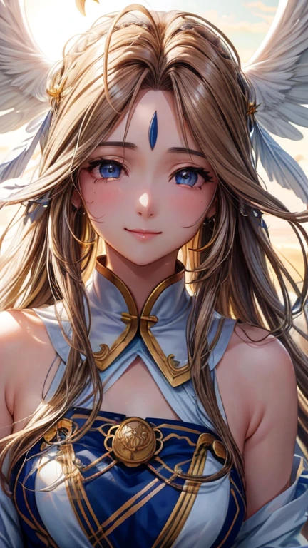 Belldandy, Long Hair, blue eyes, Brown Hair, Facial blemishes, Forehead mark, Mature Woman, smile, 【【Big Wings】】, choker, Lots of bracelets, ring, feather, angel wings、goddess、null, sun, cloud, Highest quality, High resolution, Clear Images、8k wallpaper, (Beautiful attention to detail:1.6), Watery eyes、Watery eye、Highly detailed face, Perfect lighting, Highly detailed CG,whole body、whole、The photo shows Zeshin、青nullを飛んでいる、白いcloud、（（Halo））