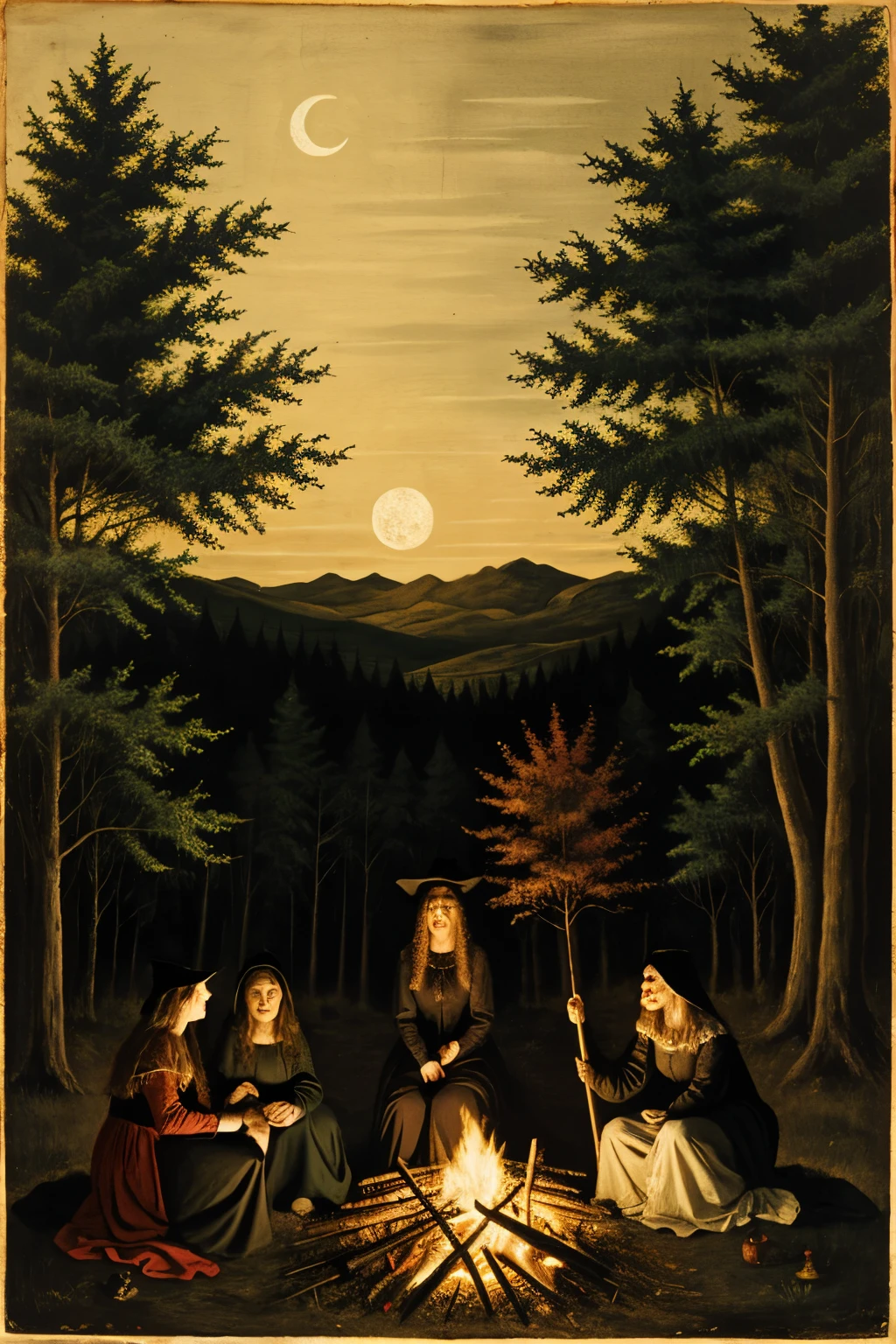 ((terror)), ((horror)), (detailed), landscape of a coven, witches around a bonfire at night in the middle of the forest, in the style of Renaissance drawings