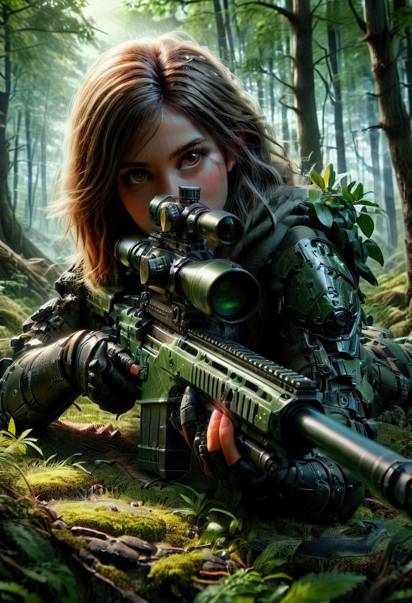 1girl, Sniper, A highly detailed, portrait of a skilled sniper in a camouflage uniform, lying prone with a high-powered sniper rifle, focused intently through the scope, surrounded by lush foliage in a forest environment, dramatic lighting, cinematic composition, hyper-detailed textures, muted color palette, gritty, masterpiece, best quality, very aesthetic, absurdres