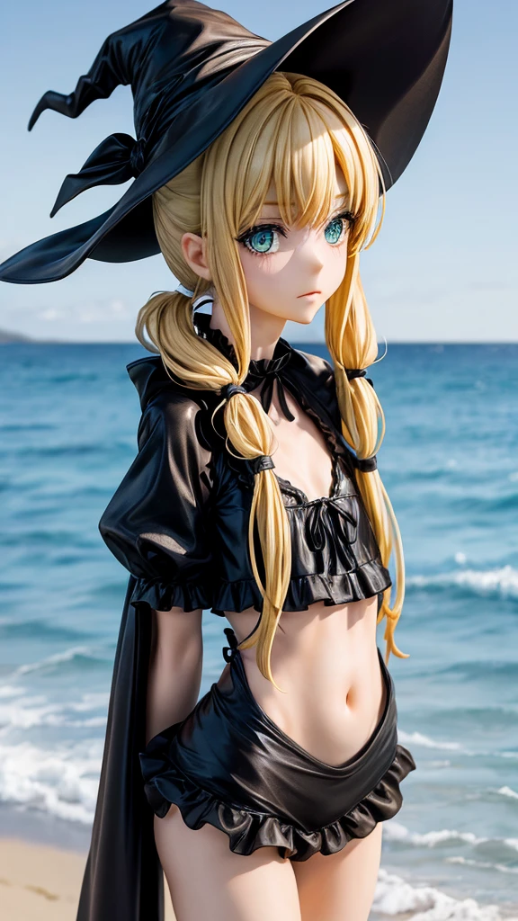 very slender. Long, blonde hair. She has green eyes. pigtails tied wearing a large witch hat. Wearing a black swimsuit, wet clothes, beach background, 