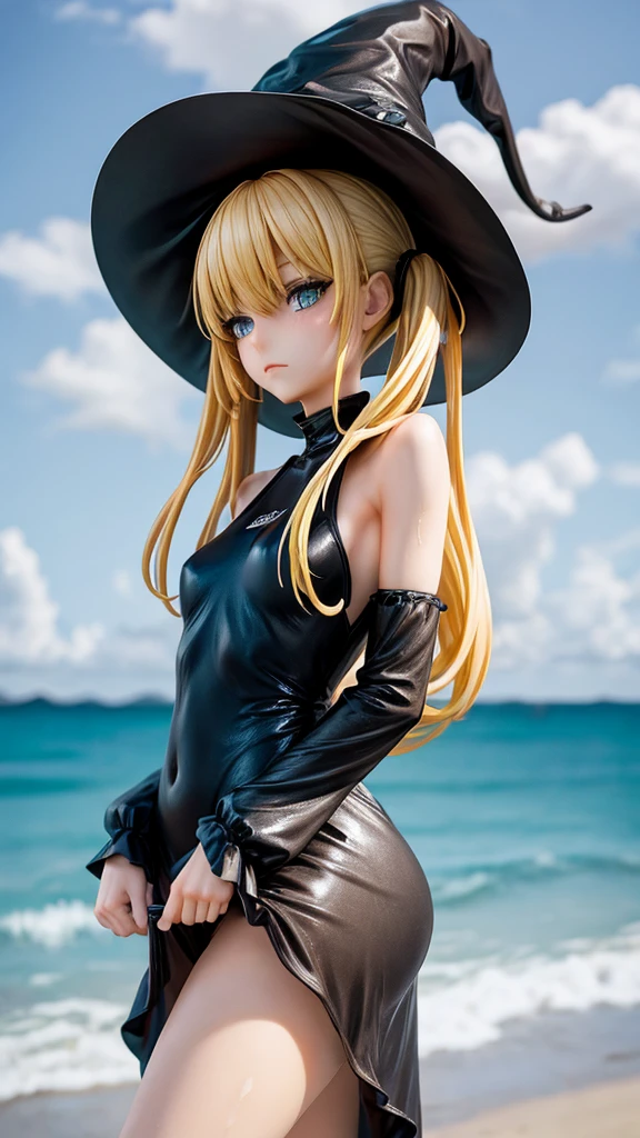 very slender. Long, blonde hair. She has green eyes. pigtails tied wearing a large witch hat. Wearing a black swimsuit, wet clothes, beach background, 