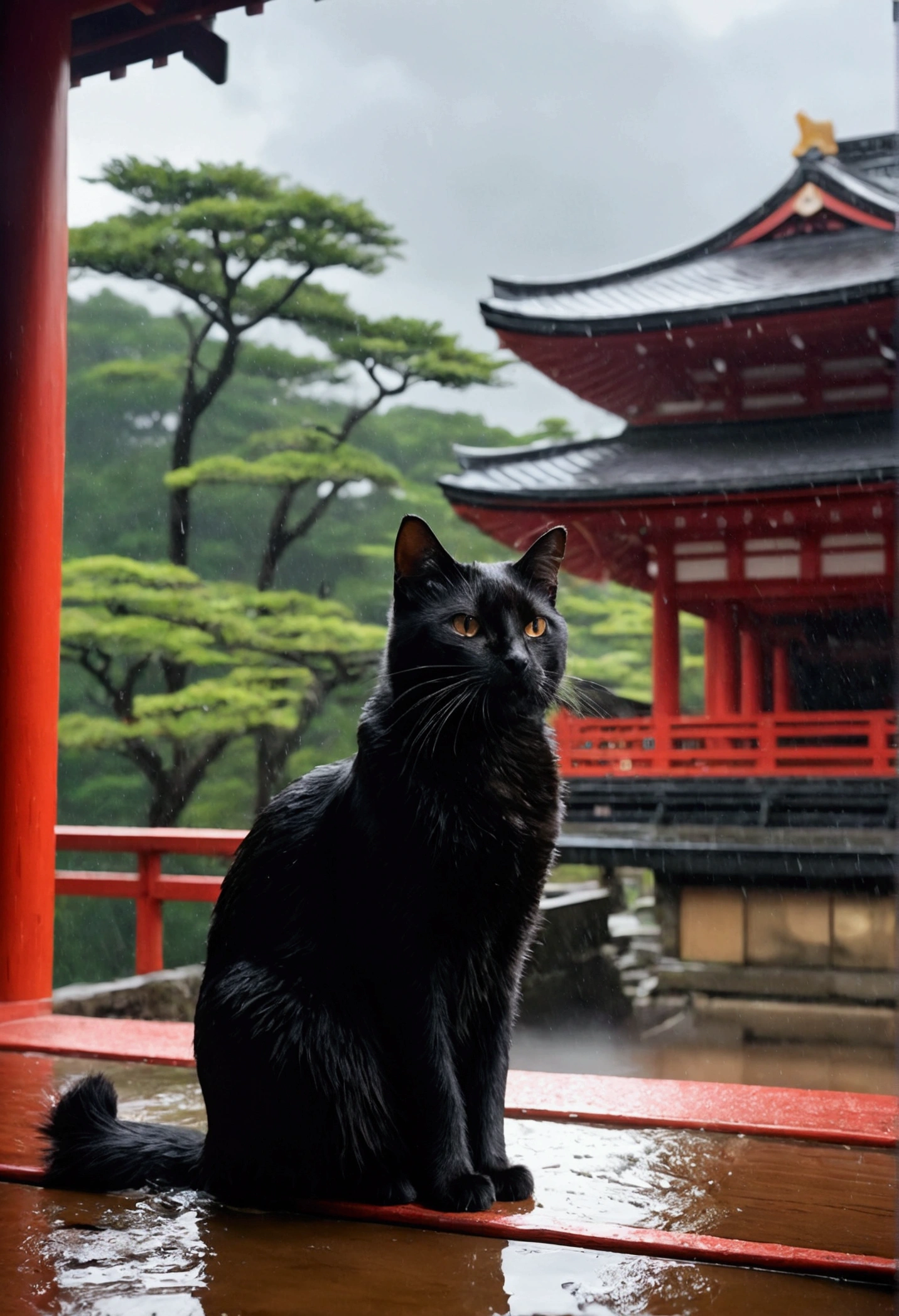 Black Cat、Dog Pose、Wet day、Wet Hair、Japan、Meticulous expression、Nature background、A shrine in the background、Cloudy、背景のMeticulous expression、Ultra HD and Ultra High Resolution、Temple、single、One、anime、Japanese style