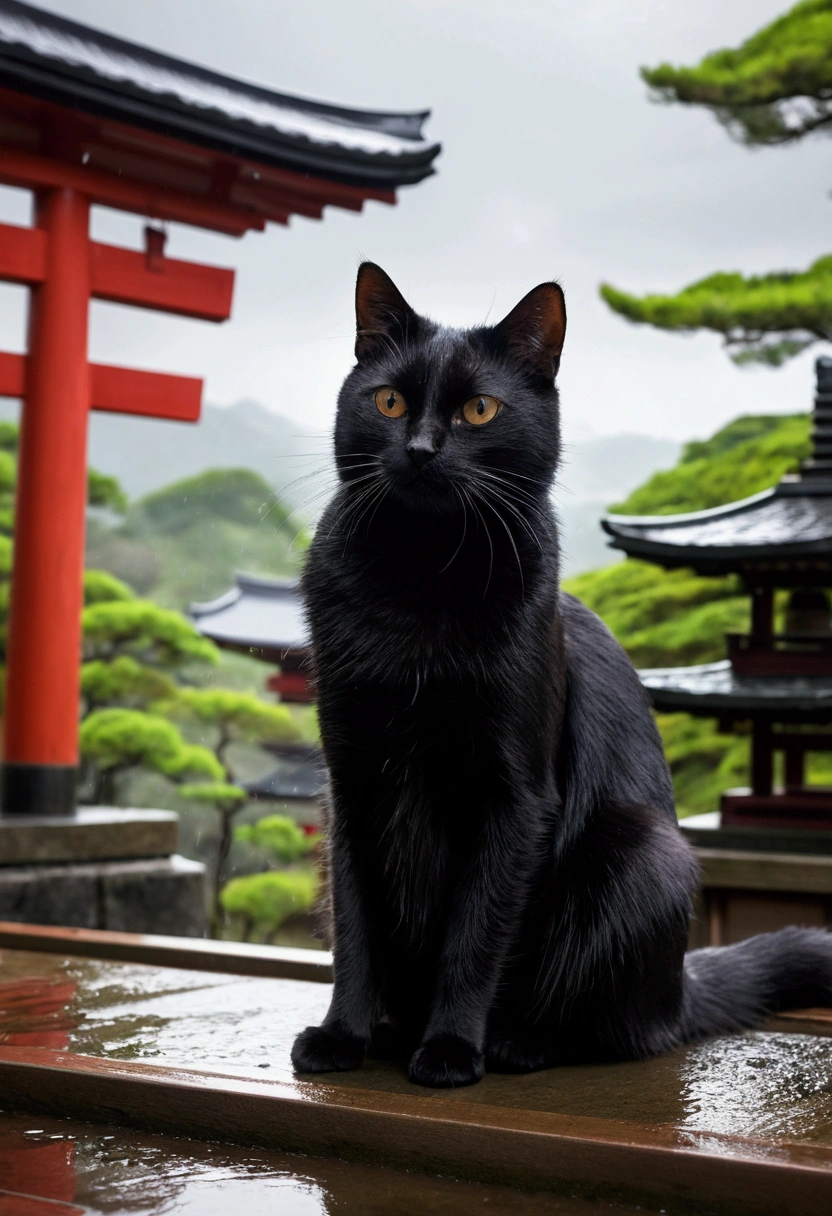 Black Cat、Dog Pose、Wet day、Wet Hair、Japan、Meticulous expression、Nature background、A shrine in the background、Cloudy、背景のMeticulous expression、Ultra HD and Ultra High Resolution、Temple、single、One、anime、Japanese style