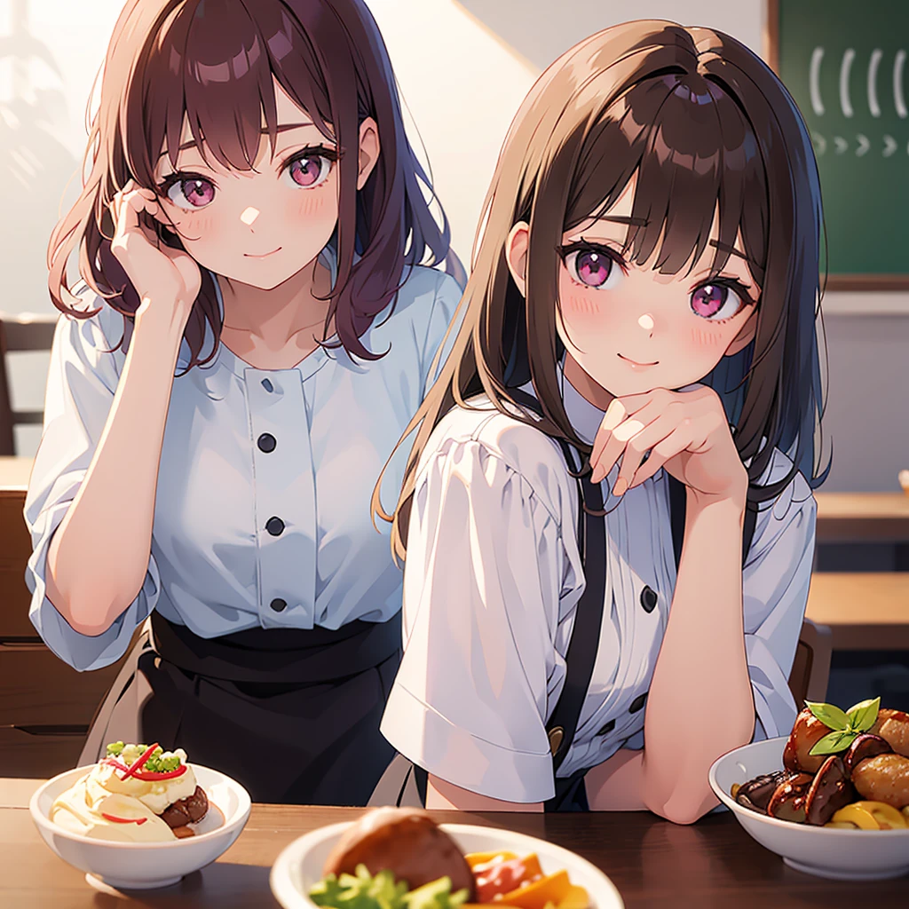 Tilting Head、(avert your eyes:1.3), masterpiece、Highest quality、 Medium Hair、Pink Eyes、25 year old woman with brown bangs.、Peter Pan Color, Wearing a white short-sleeved blouse、(shy:1.3)、smile, (stare:1.5)、Face close-up、The background is a restaurant、Sit on、eat、Bold composition、The upper body is shown、alone、