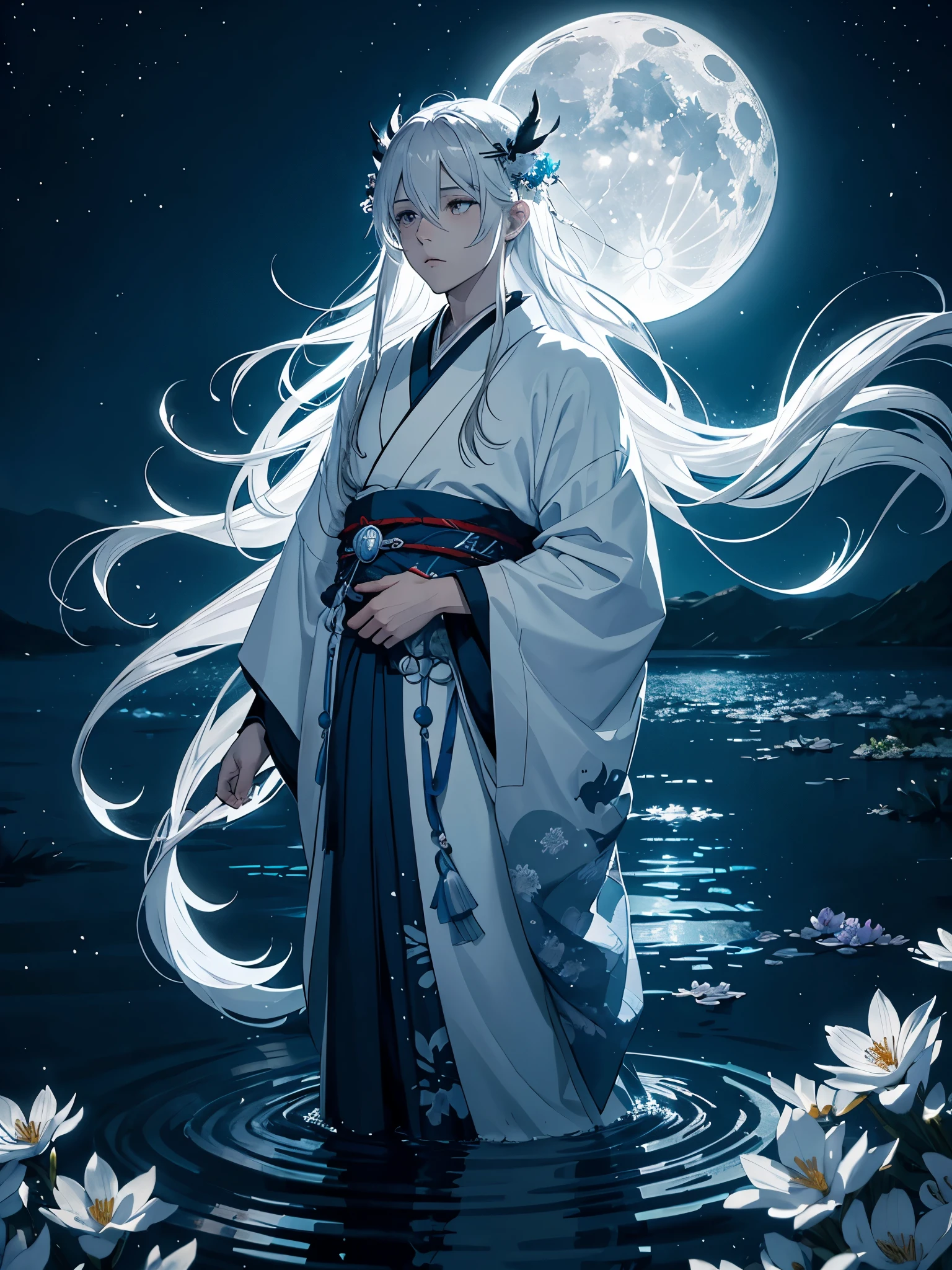 Kimono. White crows. Ghosts. lights. magical. Power animals. Spirit. King of the moon. Long hair. long white hair. aquatic, boy,  silver hair accessories, White hair, blue flowers. Blue lights. full moon. holy. 
