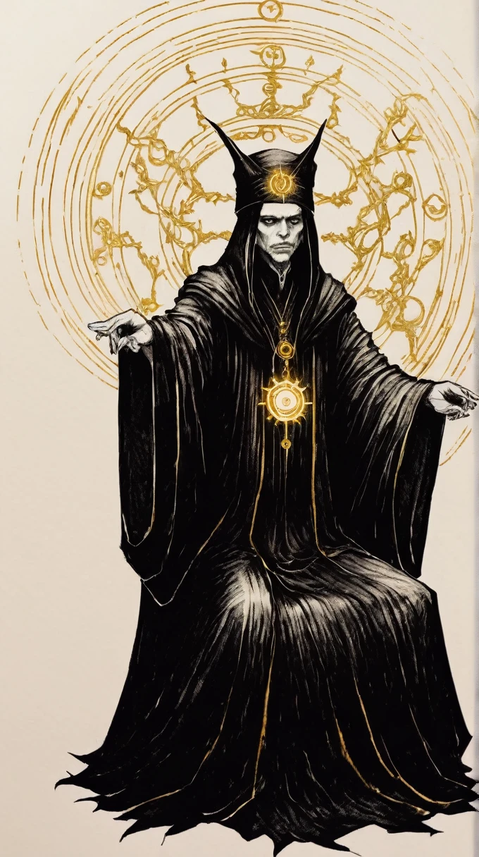 DarkInkAI, a gothic wizard, floating with crossed legs, circle of arms, radiant power, gold ink, ink sketch