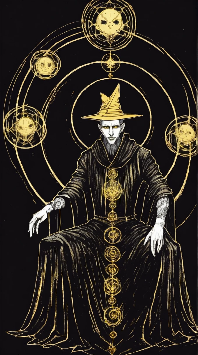 DarkInkAI, a gothic wizard, floating with crossed legs, circle of arms, radiant power, gold ink, ink sketch