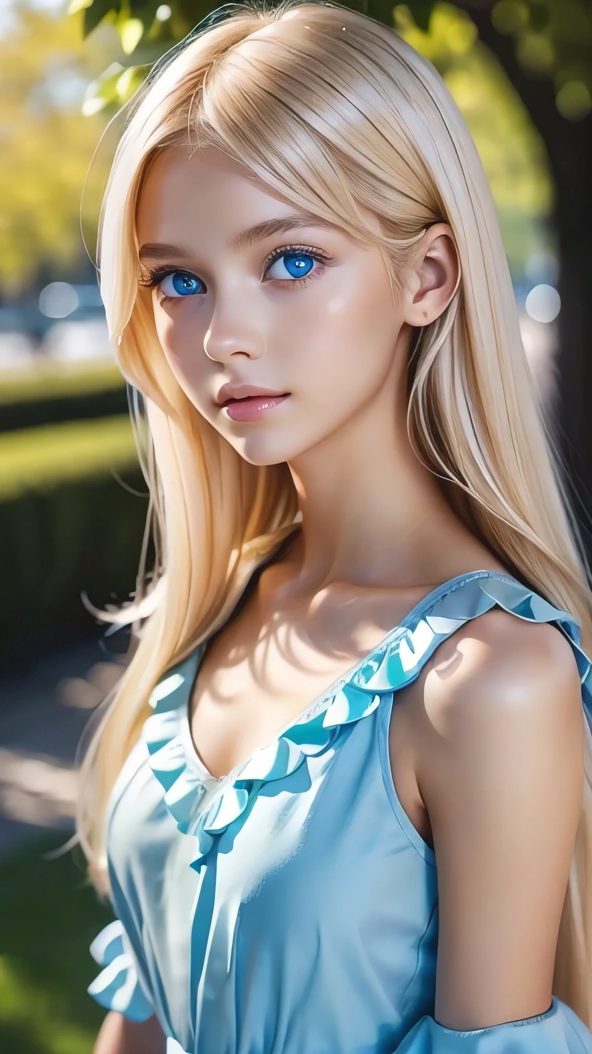 A stunning 14-year-old blonde beauty , Frilled Summer Dress,  Scandinavian blonde super beautiful girl, Standing, Brush your hair up、 Strange bangs between the eyes、Super long straight platinum blonde hair、Low contrast, (A shy smile:0.8), Highest quality, Ultra-high resolution, Realistic photos, Very detailed, 8k, Raw photo, Perfect Anatomy、Very beautiful, bright, big, light blue eyes、Cheek gloss highlighter、Very big eyes、Small Face Beauty