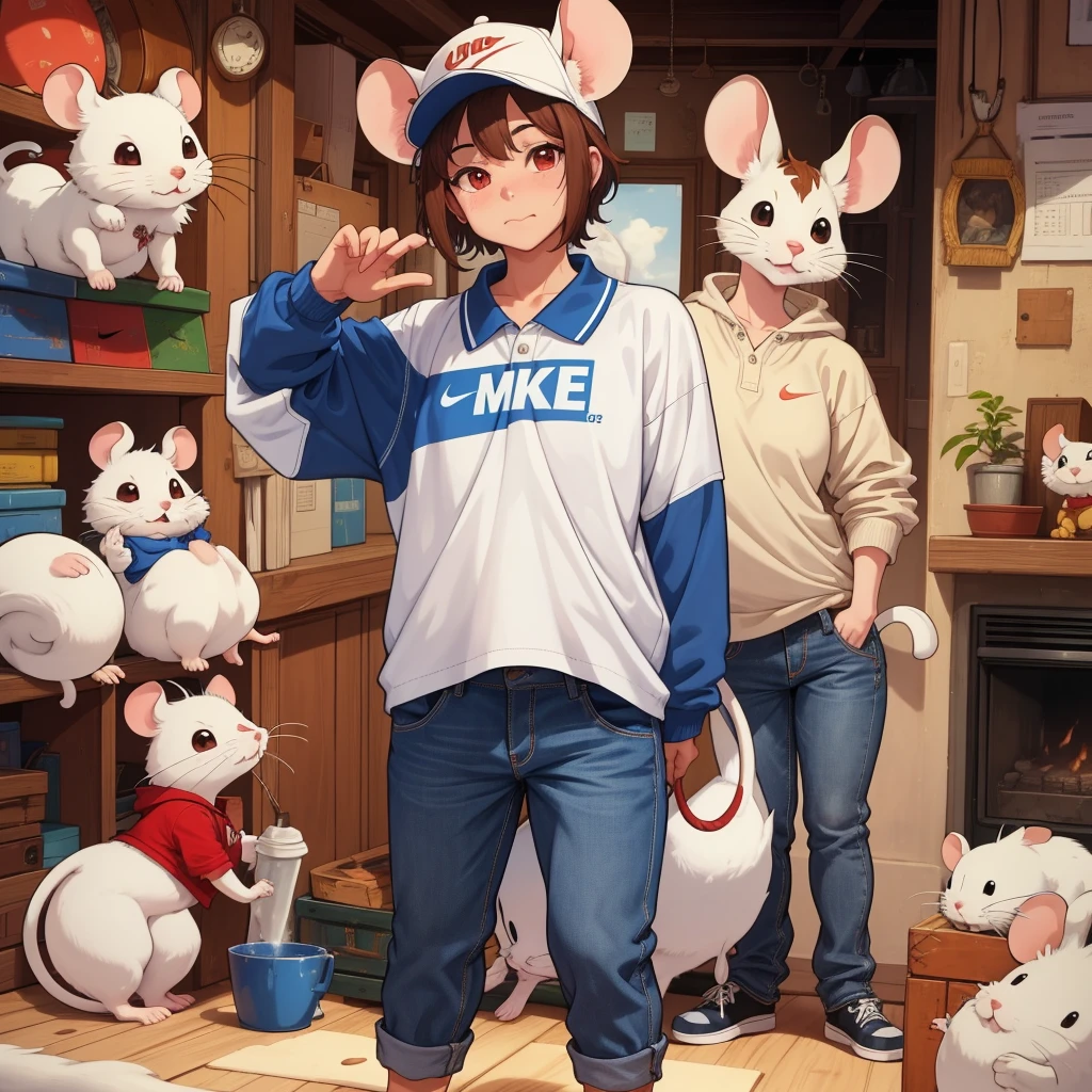 "8K image, 9:16 aspect ratio: A full-body portrait of an adorably chubby white mouse with big, expressive brown eyes, standing upright. The mouse is wearing a tiny red Nike cap tilted slightly to one side, a crisp white polo shirt, and miniature blue jeans. Its fur is fluffy and pristine white, visible around its face and paws, creating a soft, cuddly appearance. The mouse's cheeks are slightly puffed, adding to its chubby charm. Its whiskers are delicate and clearly visible.
The polo shirt fits snugly over the mouse's round belly, with a tiny collar and buttons visible. The jeans are perfectly sized, with small pockets and stitching details. The mouse's tail peeks out from behind, adding balance to its upright posture.
The background is slightly out of focus, emphasizing the mouse's cute features and outfit. The lighting is soft and warm, highlighting the mouse's fur texture and the fabric of its clothes. The mouse is looking directly at the viewer with a curious and friendly expression, its nose twitching slightly. The Nike logo on the cap is small but clearly visible.
The image captures the mouse's full body, from its cap-covered head to its jean-clad feet, with the vertical 9:16 ratio emphasizing its height and adorable outfit."