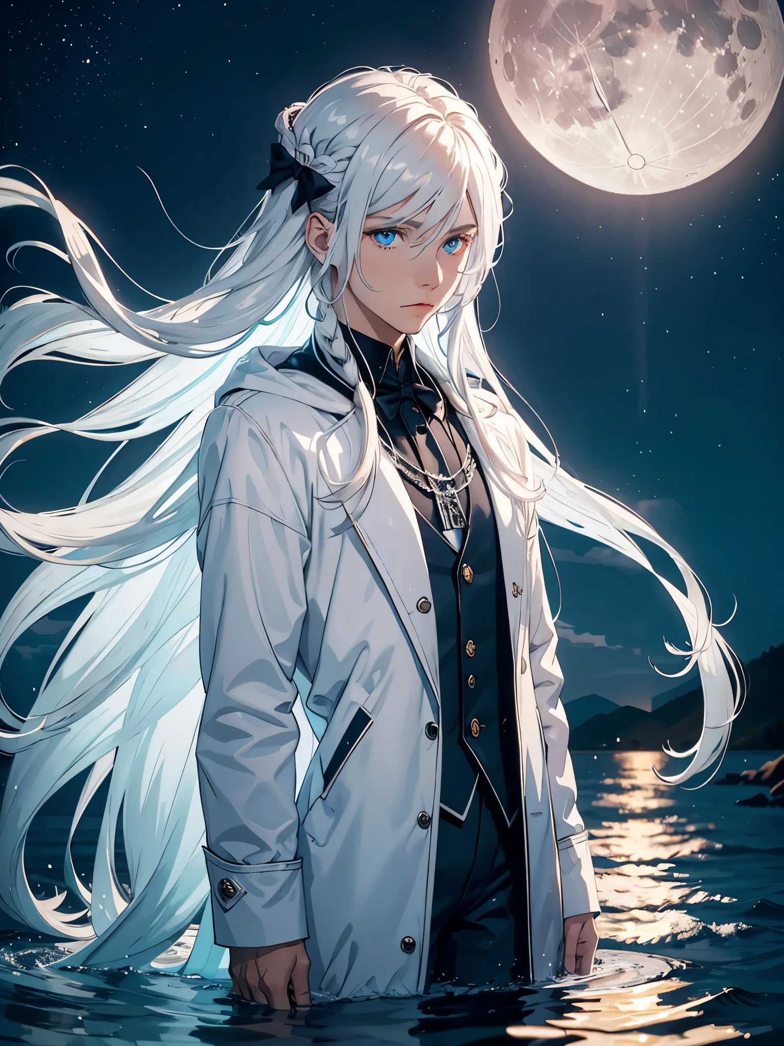 Moderne Jacke. Boy. Mann. Flach. Long hair. long white hair. aquatic, boy, Goddess of the Moon, silver hair accessories, White hair, White dress, cape, at night, saturated colors, light eyes, bright, light blue light, blue eyes, Jewelry silver, bluish light, Full moon in the background, aquatic in der Luft rosa kerzen