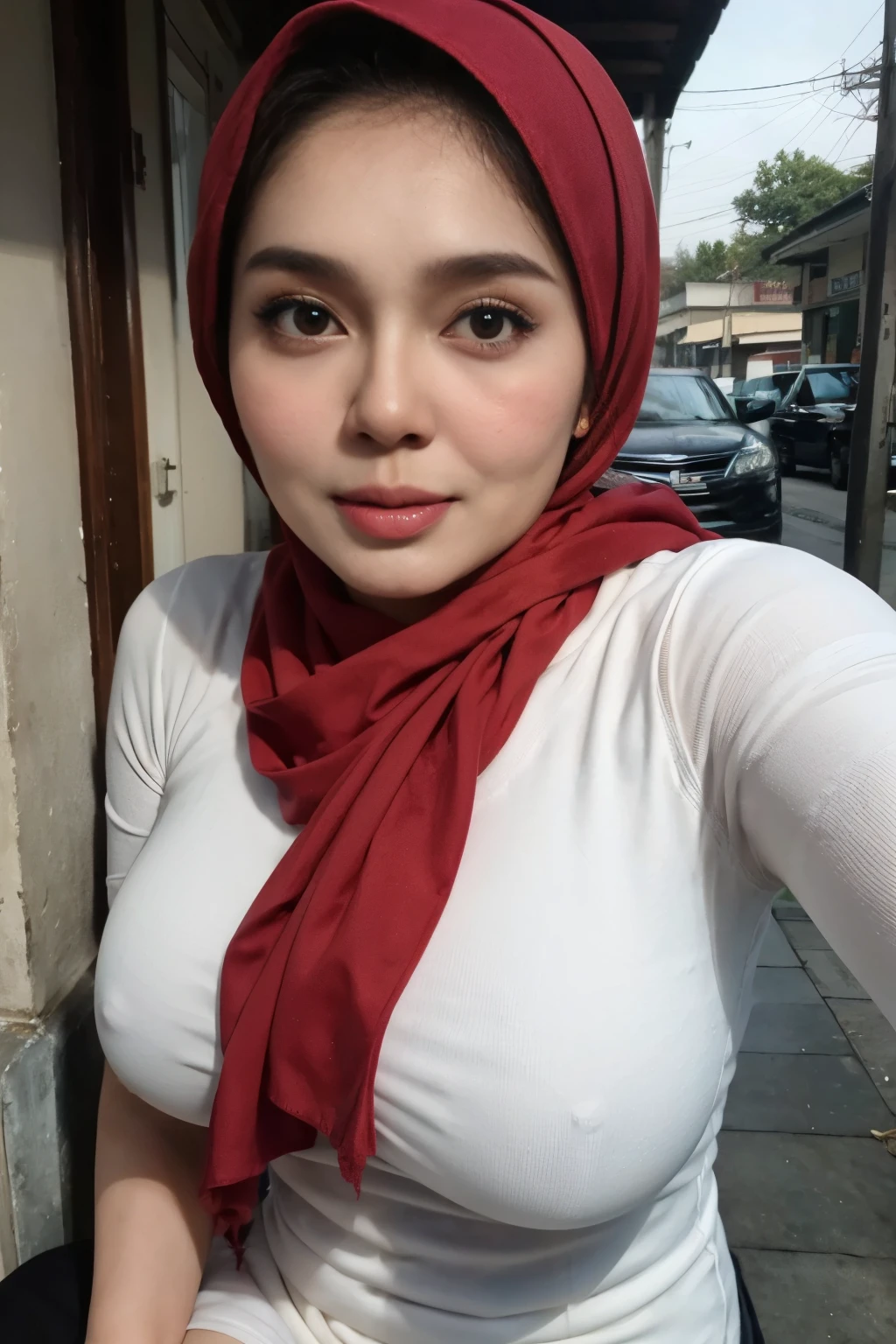 Strapless, (((HALF BODY PORTRAIT))), 60 Years old, Indonesian mature woman, wearing Hijab, white skin like porcelain, Perfect body, Full body, natural Gigantic mature breast, gorgeous eyes, Soft smile, Breast about to burst out, Saggy BREASTS, (RED), NIKE, ATMOSPHERE IN THE VILLAGE, NET STOCKINGS.