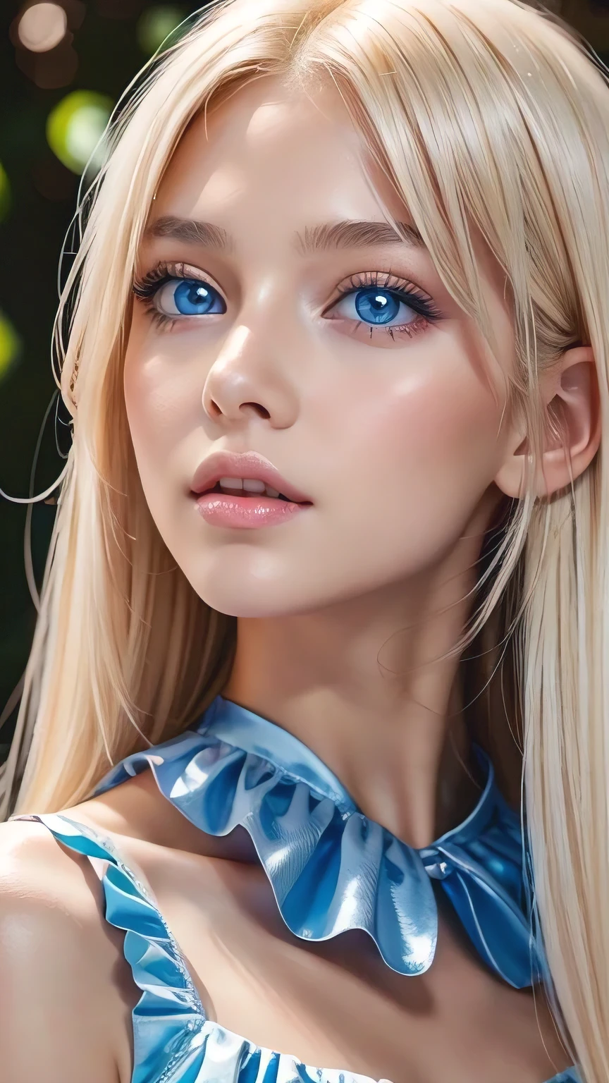A stunning 14-year-old blonde beauty , Frilled Summer Dress, Scandinavian blonde super beautiful girl, Standing, Brush your hair up、 Strange bangs between the eyes、Super long straight platinum blonde hair、Low contrast, (A shy smile:0.8), Highest quality, Ultra-high resolution, Realistic photos, Very detailed, 8k, Raw photo, Perfect Anatomy、Very beautiful, bright, big, light blue eyes、Cheek gloss highlighter、Very big eyes、Small Face Beauty