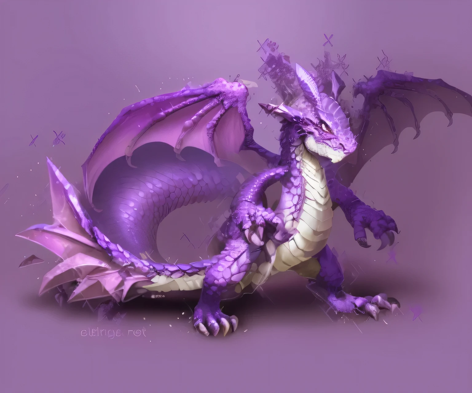 use esta imagem como referencia e gere 4 de uma versão bebe dela, com o seguint prompt: purple dragon, baby dragon, vibrant purple scales, a pair of open wings, no horns rpg, dungeons & dragons,white backgrond, concept art