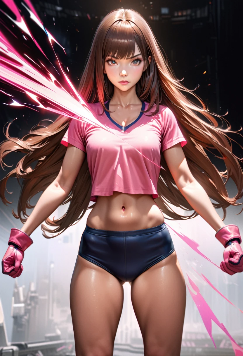 A young woman, brown hair, chest-length hair, straight hair, bangs, medium height body, pink small t-shirt (short sleeves, u-neck), expose navel, pink small gloves, dark blue hipster bottom, pink small boots, launch energy punch, full body view, UHD, ultra detailed, ultra realistic, best quality