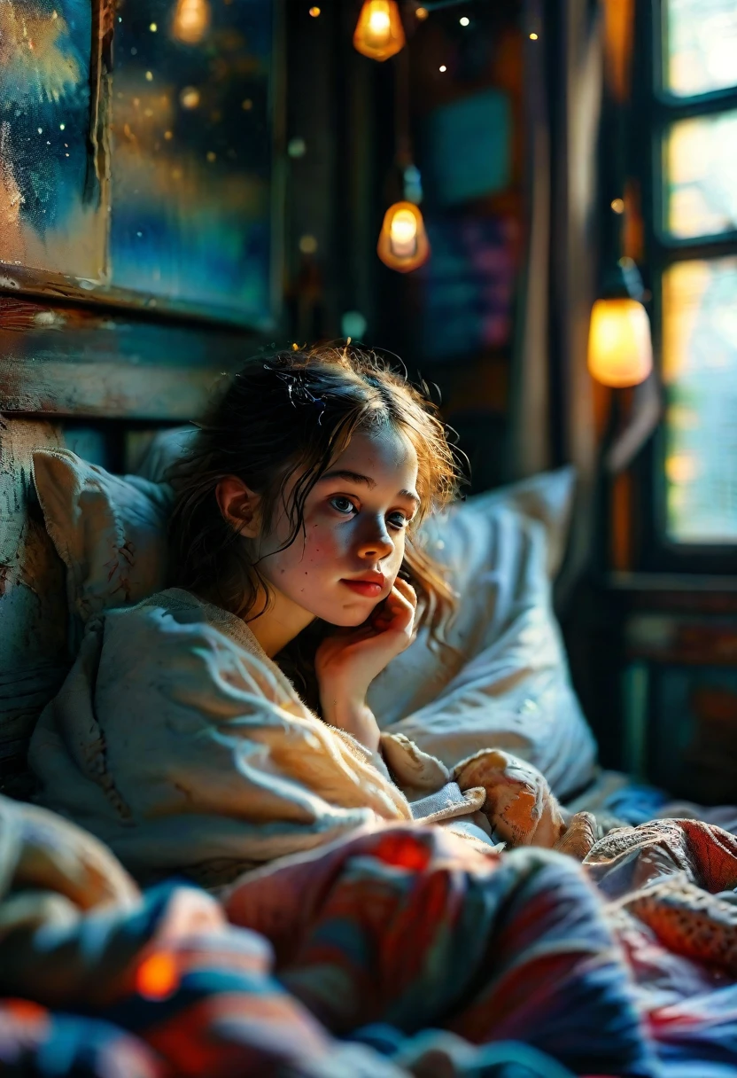   A young girl snuggled in bed, dreams emerging from her mind illustrated as mystical visions above her head, surrounded by a simple bedroom with blankets tucked under her chin, her features relaxed in slumber, focusing on delicate textures and realistic anatomy, moonlight streaming through a window illuminates the scene, captured by a Fujifilm GFX 50S II with a 50mm lens in a dreamlike stylizedTechnicolor palette, --ar 4:3 --chaos 30 --style raw --stylize 250 --weird 800 --quality 25 --v 6