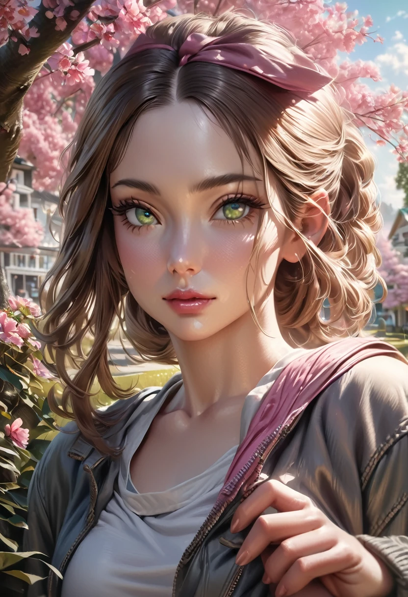 1 girl in , beautiful detailed eyes, beautiful detailed lips, extremely detailed face, long eyelashes, school girl, cute, innocent expression, green eyes, standing in a garden, cherry blossoms, bright sunlight, vibrant colors, (best quality,4k,8k,highres,masterpiece:1.2),ultra-detailed,(realistic,photorealistic,photo-realistic:1.37),vivid colors,natural lighting,intricate details,fine art portrait