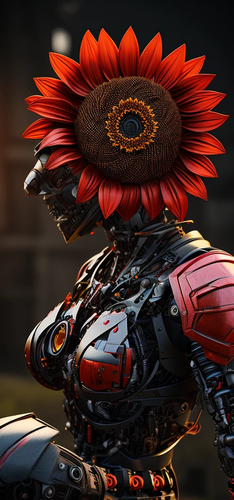 Create a picture of a 3D red sunflower 3d Realstric (cyborg:1.1), hdr, details, hyperdetailed:1.2), Vignette, centered