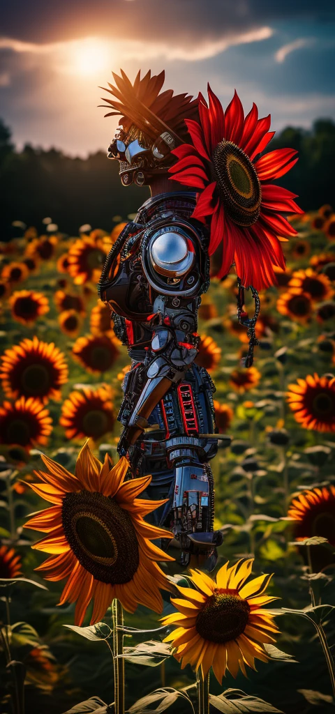 Create a picture of a 3D red sunflower 3d Realstric (cyborg:1.1), hdr, details, hyperdetailed:1.2), Vignette, centered
