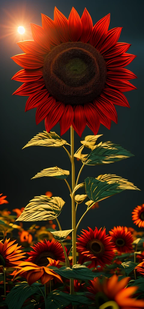 Create a picture of a 3D red sunflower 3d Realstric (cyborg:1.1), hdr, details, hyperdetailed:1.2), Vignette, centered